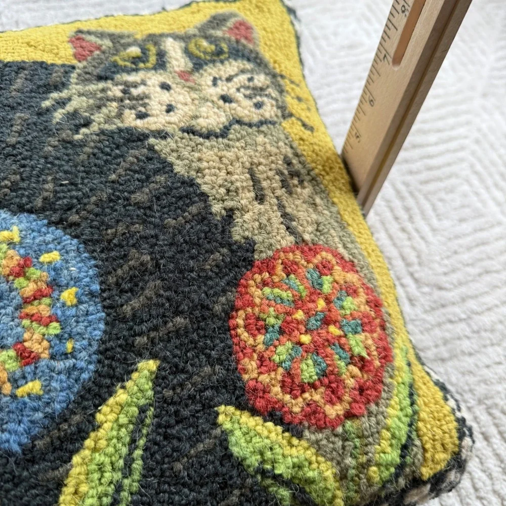 Penny Flower Cat Hooked Pillow Folk Art Decor Cottagecore Farmhouse Boho Rustic